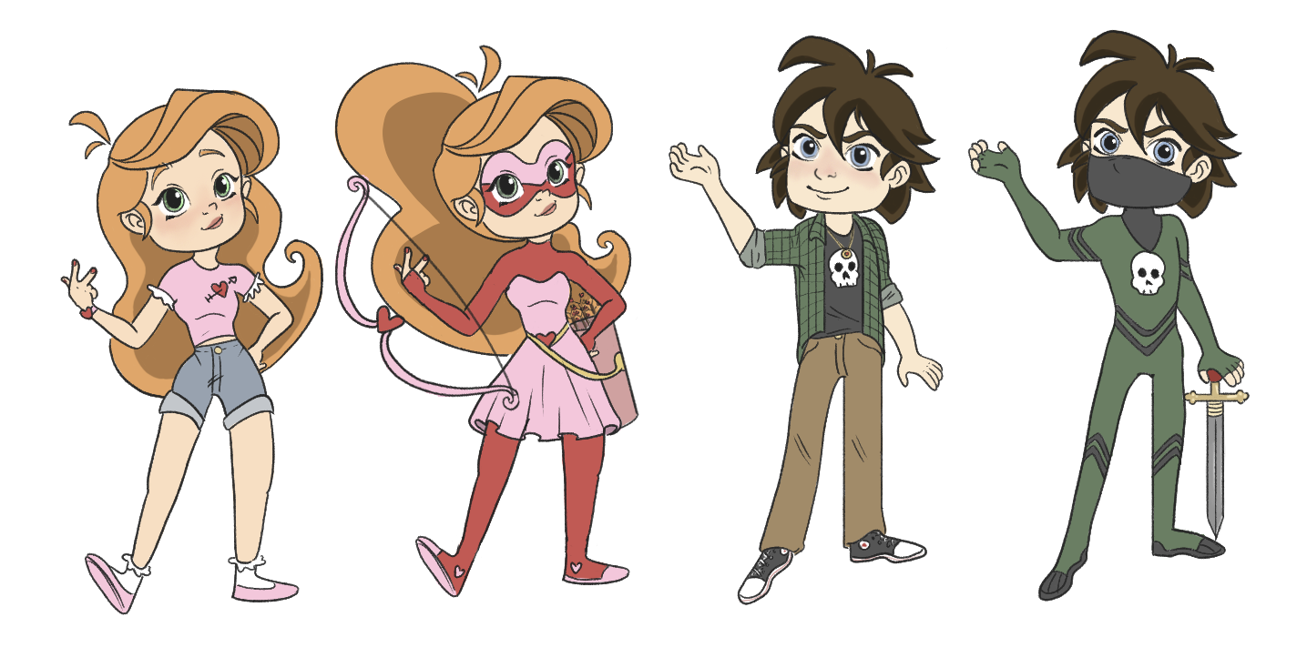 Illustrations of the hero and villain both in and out of costume.