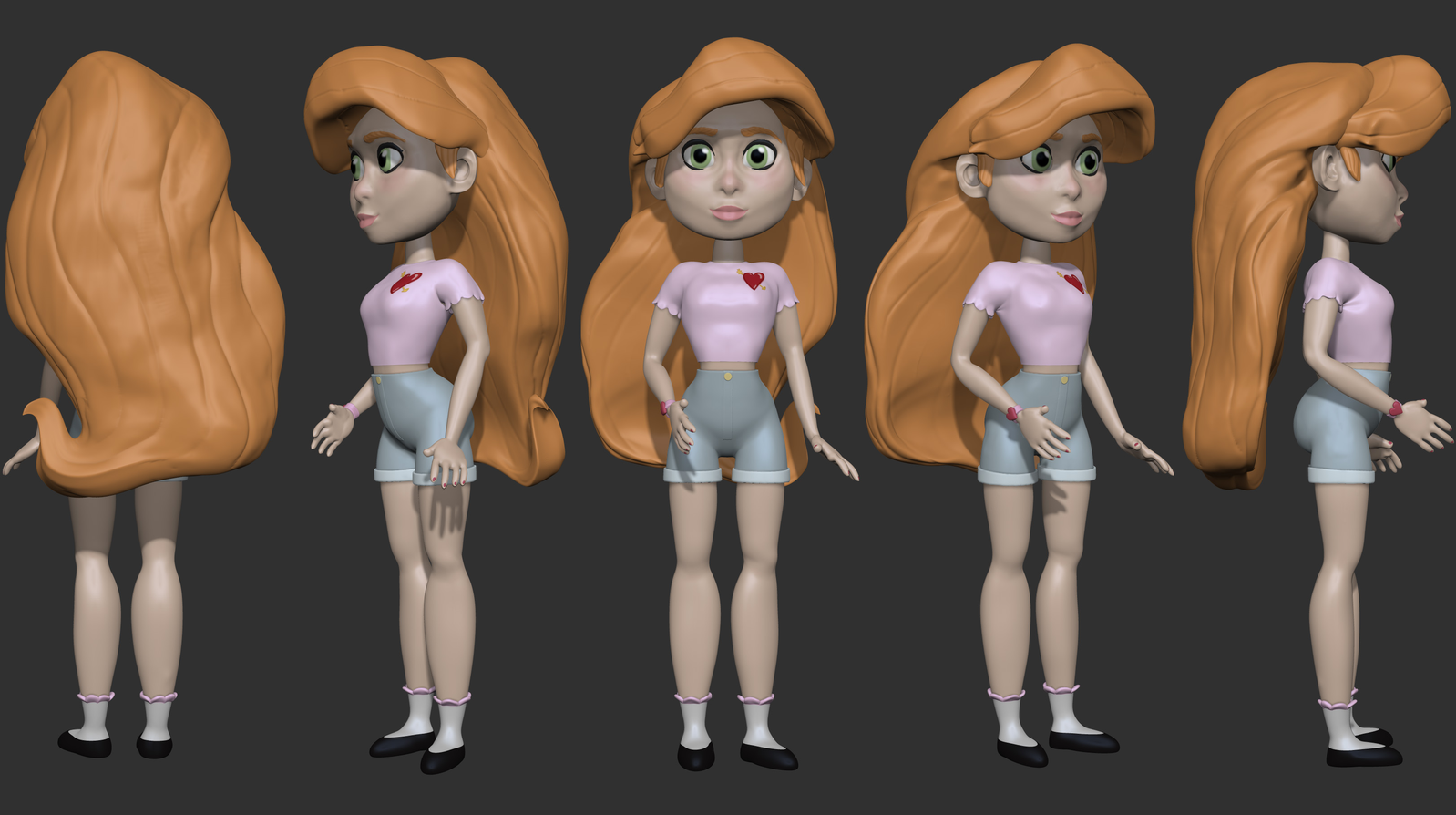 Five angles of the superhero character out of costume, rendered in ZBrush.