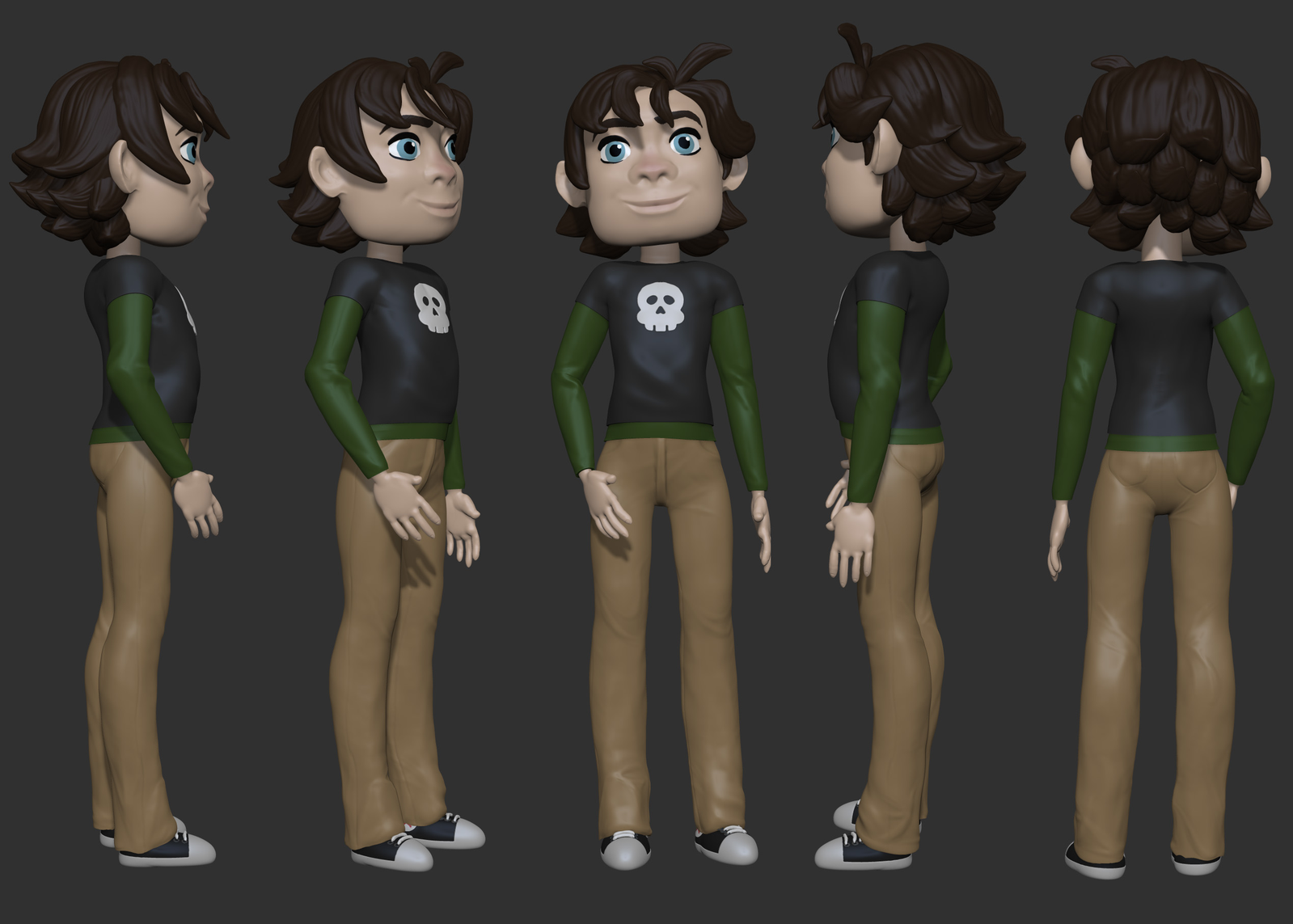 Five angles of the villain character out of costume, rendered in ZBrush.
