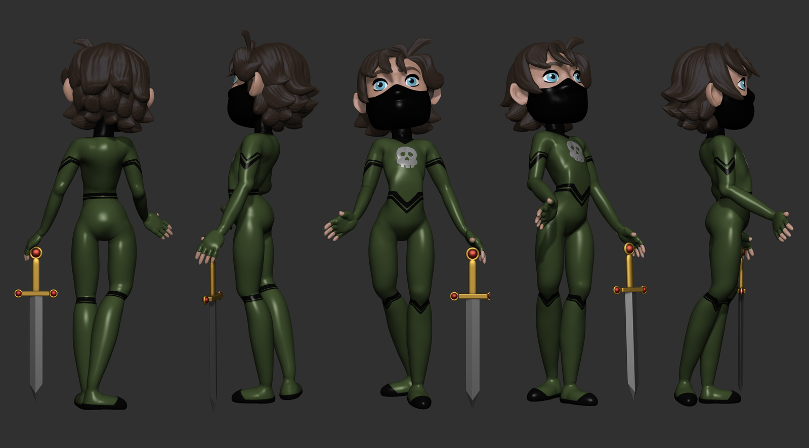 Five angles of the villain character in costume, rendered in ZBrush.