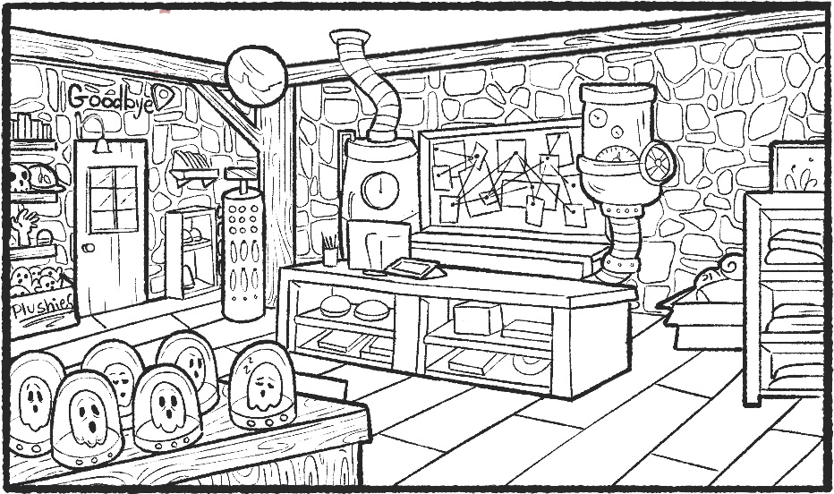 Interior illustration of the paranormal gift shop and lobby, with a community events board behind the counter
