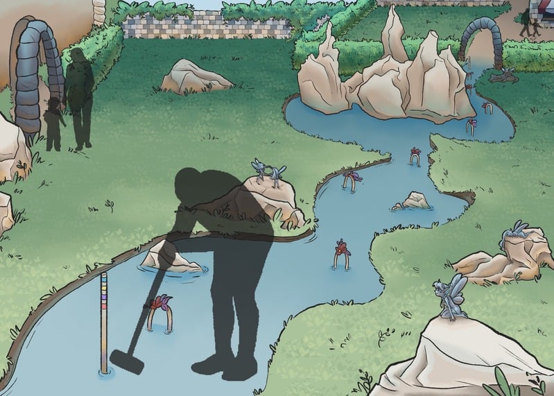 A guest silhouette playing croquet across the Skye river as fairies perch on the rocks and riverbanks